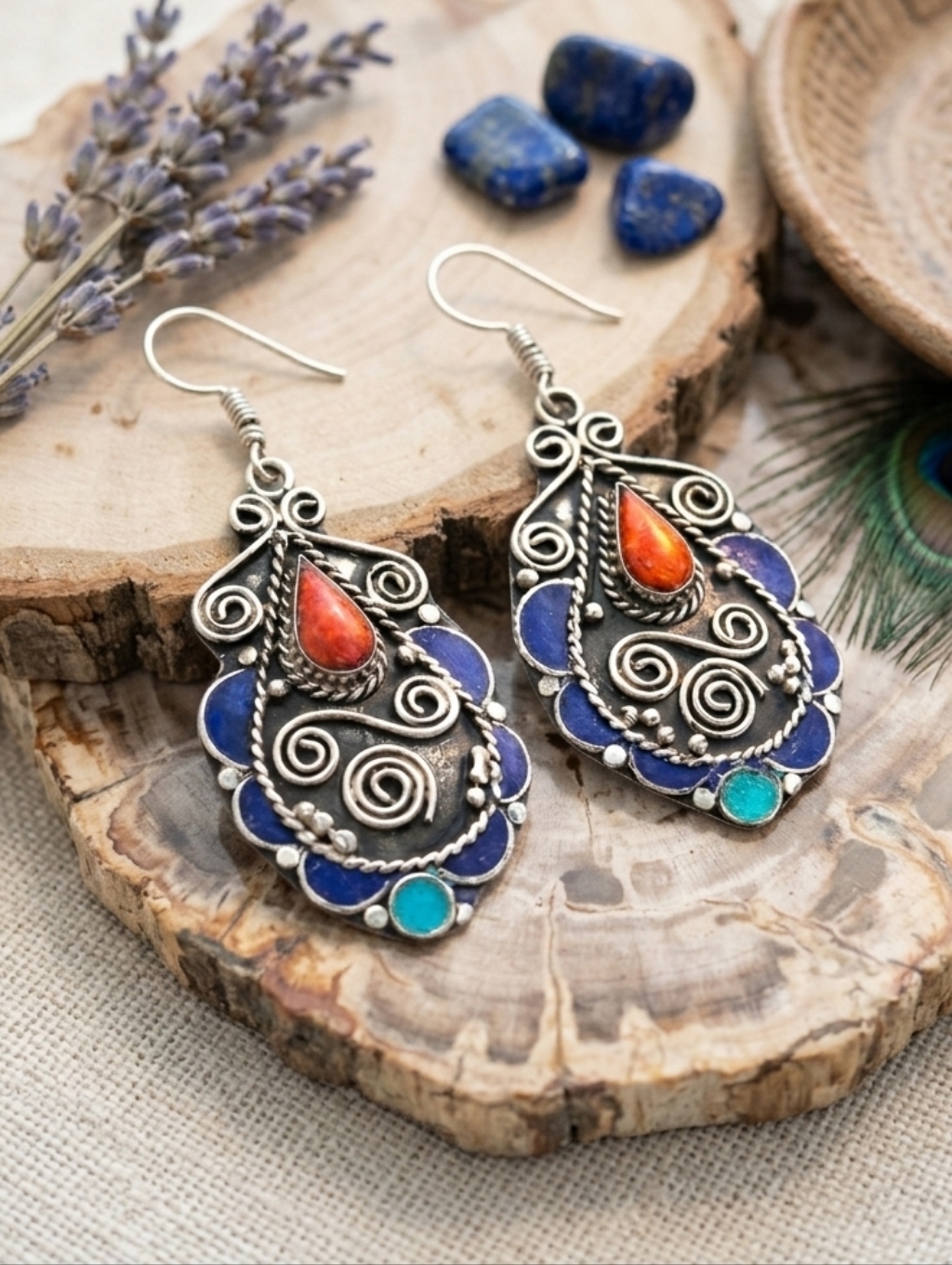 925 Silver Tibetan Lapis Turquoise Red Coral Artisan Dangle Earrings Boho Gypsy
